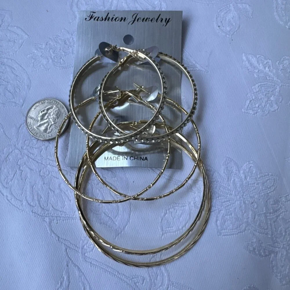 3 Sets Goldetone CZ Hoop 2 2.5 3 Inch Itched Lightweight Earrings NEW